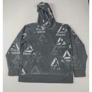 Reebok Hoodie Sweatshirt Men's XL Black All Over Logo‎ Pullover Athletic Casual